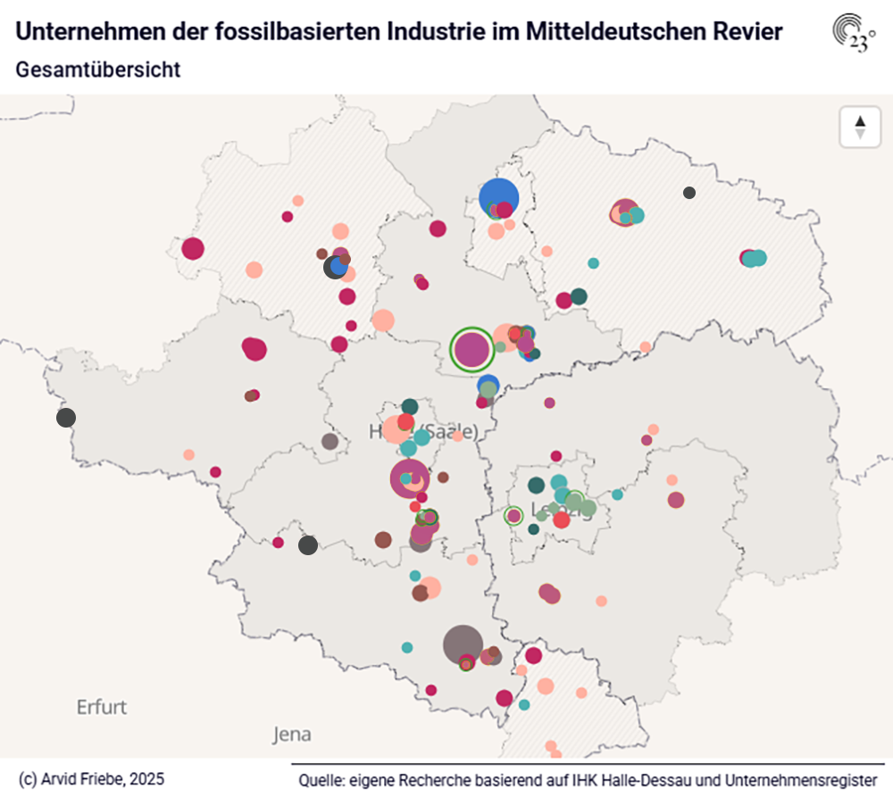 Karte mit Unternehmen der fossilbasierten ndustrie im Mitteldeutschen Revier. Quelle: eigene Recherche basierend auf IHK Halle-Dessau und Unternehmensregister (c) Arvid Friebe, 2025